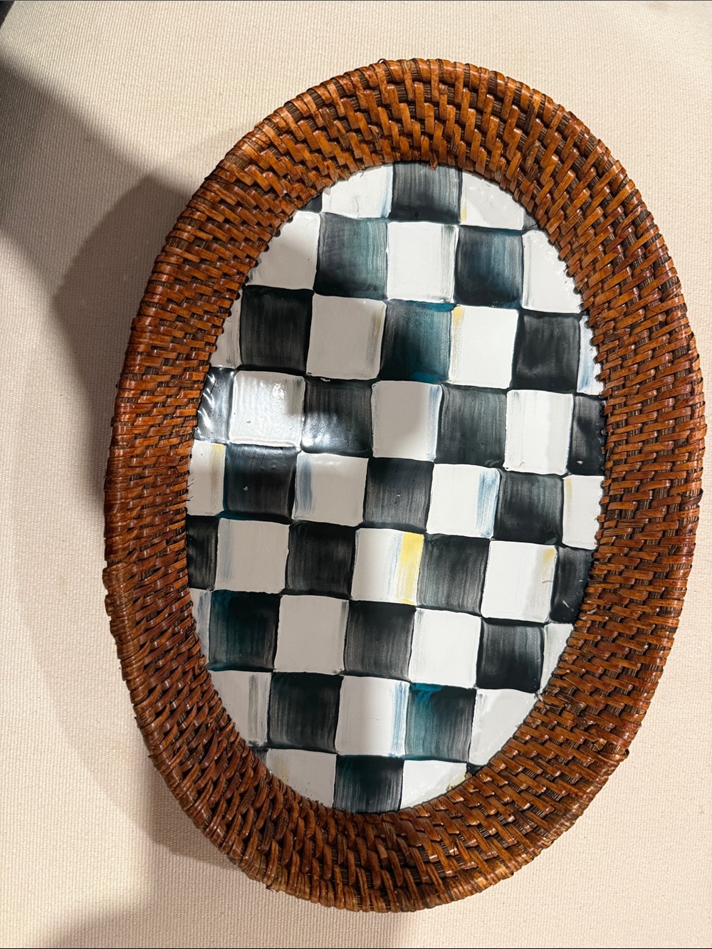 MacKenzie-Childs Oval WovenTray Black, and White  Courtly Check Pattern